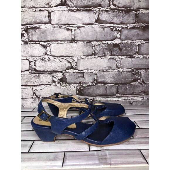 Anthropologie Gee Wawa Blue Leather Peep Toe Heel Strap Sandals Women Sz 10M US - Picture 3 of 16